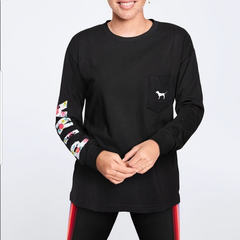 VS Pink Black Floral White Dog Logo Campus Tee